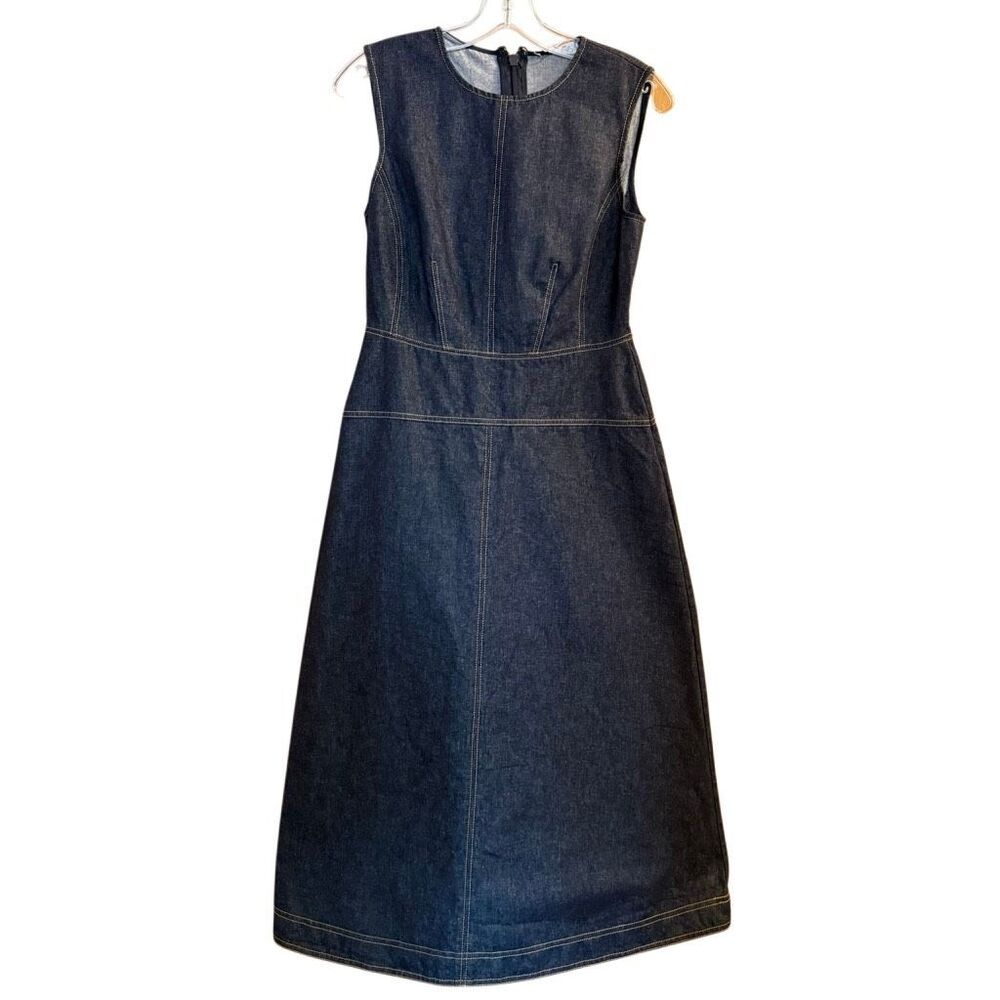 Ann Taylor | Denim Midi Dress | Dark Wash Contrast Stitch | Sleeveless Zip Back